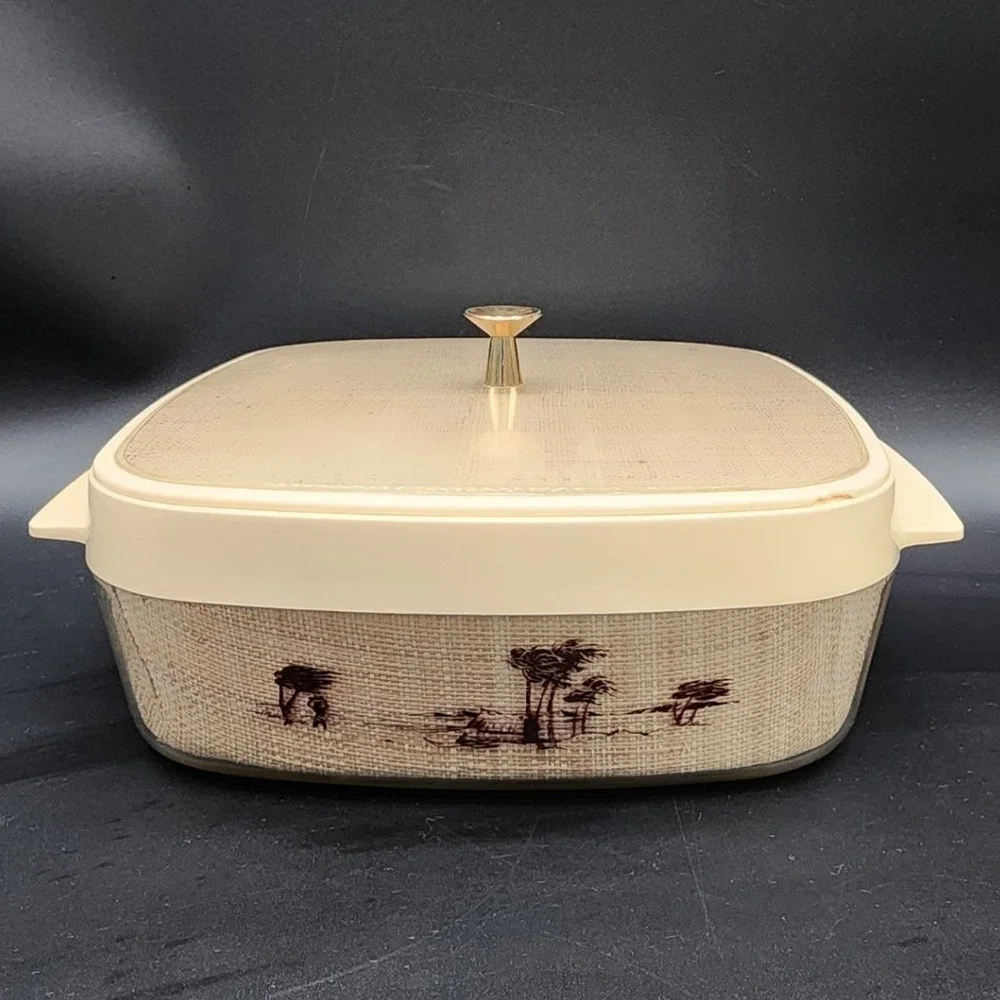 Vintage Tan Safari Landscape Insulated Serving Bowl MCM Retro Kitchen Decor